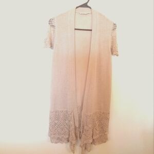 Cleo Women's Linen Cotton Blend Ruffled Crochet Detail Hemline Cardigan Medium